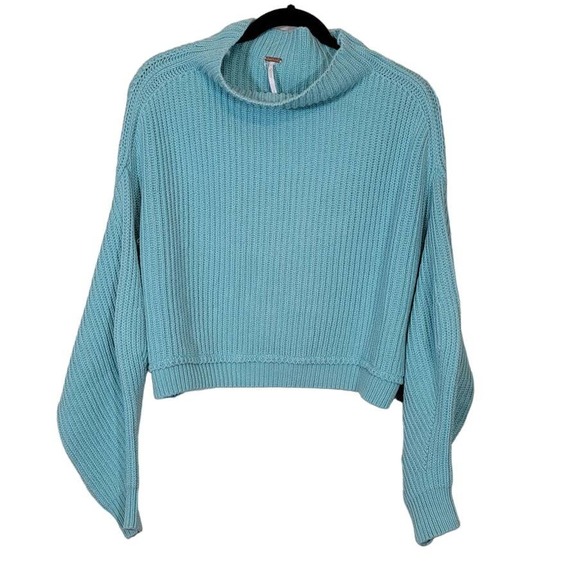Free People Sweaters - Free People Women's Cropped Mock Neck Rib Knit Sweater Pullover Blue Small